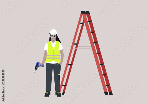 With a warm smile, a skilled engineer wearing a safety helmet and vest is poised for action next to a bright red seven-step ladder, ready to tackle the day's challenges at a construction site