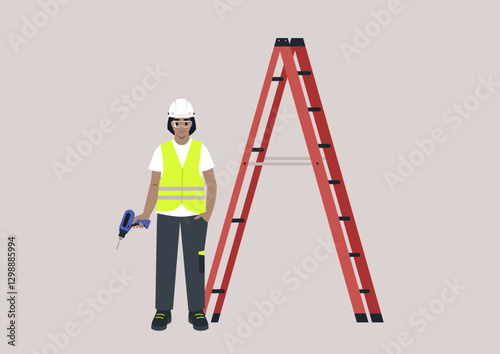 With a warm smile, a skilled engineer wearing a safety helmet and vest is poised for action next to a bright red seven-step ladder, ready to tackle the day's challenges at a construction site