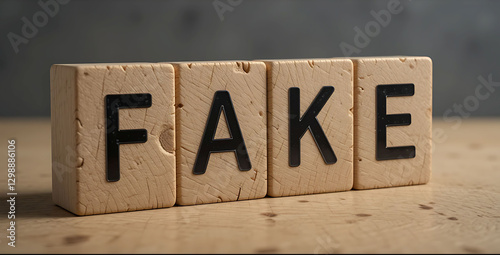 Wooden Blocks Spelling 'fake' on a Smooth, Light-colored Wooden Surface Under Soft Lighting photo