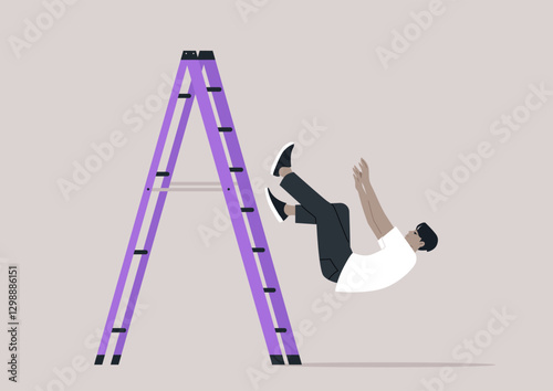 Unexpected tumble as a person loses their balance while attempting to descend from a ladder