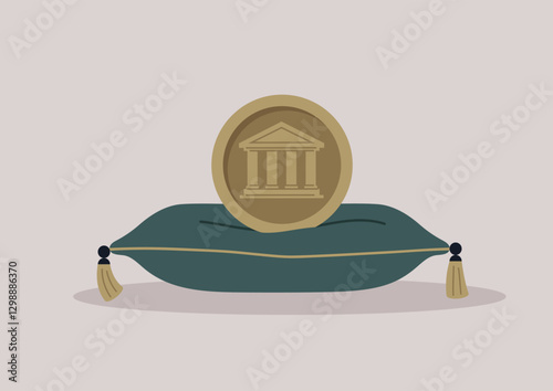 A plush green cushion cradles a golden coin emblazoned with a classic bank building, representing wealth and security in a calm, tranquil environment that inspires confidence