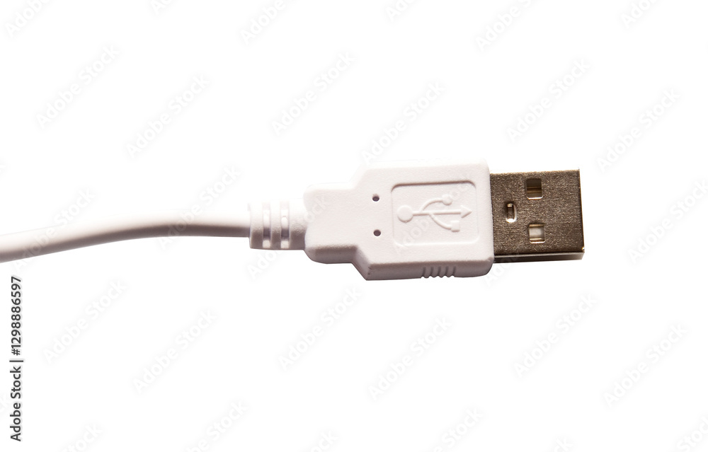 Close up photo of a white high speed USB cable and plug with lightning connector isolated on white or transparent cable, png