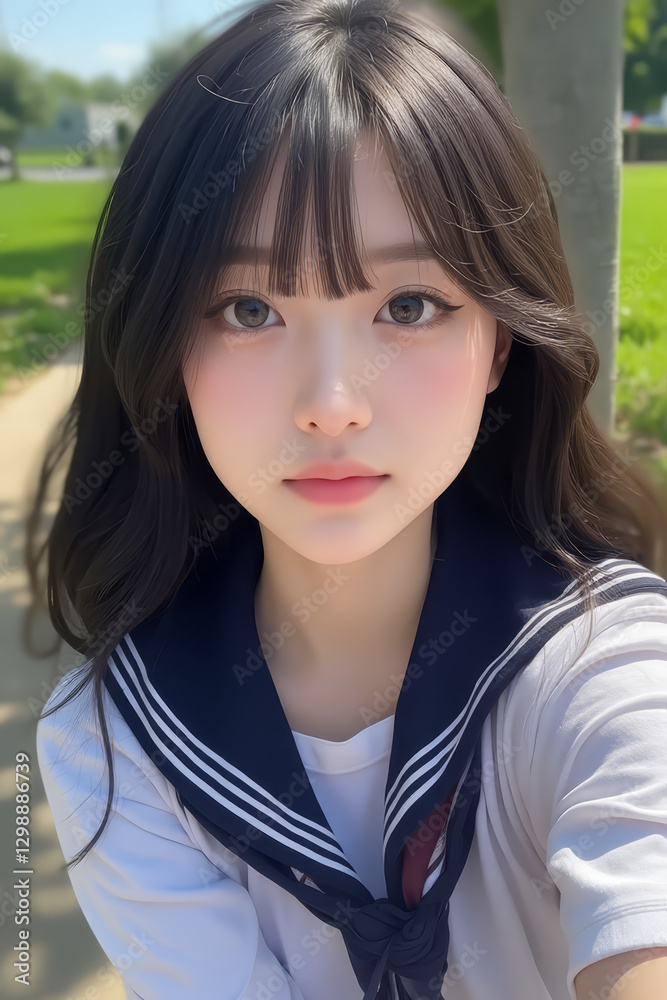 Young Asian Female Student in School Uniform - Selfie Photo of Young Woman outside on Sunny Day in City - Eastern Teenager in College Attire Suit or Sailor Formal Wear in Eastern Countries Young Asian Female Student in School Uniform - Selfie Photo of Young Woman outside on Sunny Day in City - Eastern Teenager in College Attire Suit or Sailor Formal Wear in Eastern Countries