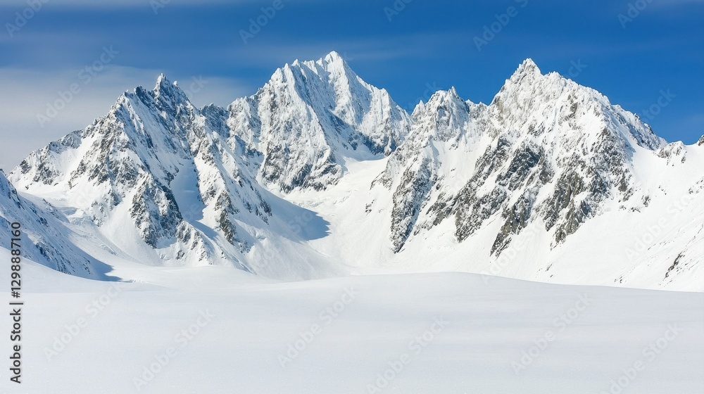 Majestic snow-capped mountains rise under a clear blue sky, showcasing jagged peaks and a serene white landscape. Majestic snow-capped mountains rise under a clear blue sky, showcasing jagged peaks and a serene white landscape.
