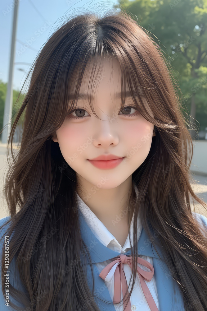Young Asian Female Student in School Uniform - Selfie Photo of Young Woman outside on Sunny Day in City - Eastern Teenager in College Attire Suit or Sailor Formal Wear in Eastern Countries Young Asian Female Student in School Uniform - Selfie Photo of Young Woman outside on Sunny Day in City - Eastern Teenager in College Attire Suit or Sailor Formal Wear in Eastern Countries