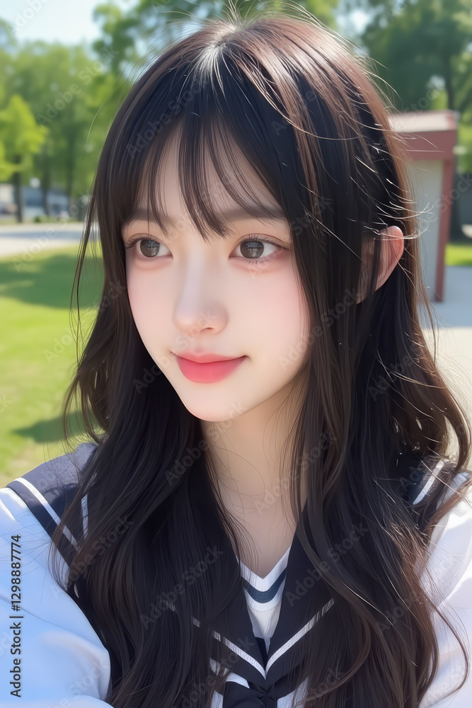 Young Asian Female Student in School Uniform - Selfie Photo of Young Woman outside on Sunny Day in City - Eastern Teenager in College Attire Suit or Sailor Formal Wear in Eastern Countries Young Asian Female Student in School Uniform - Selfie Photo of Young Woman outside on Sunny Day in City - Eastern Teenager in College Attire Suit or Sailor Formal Wear in Eastern Countries