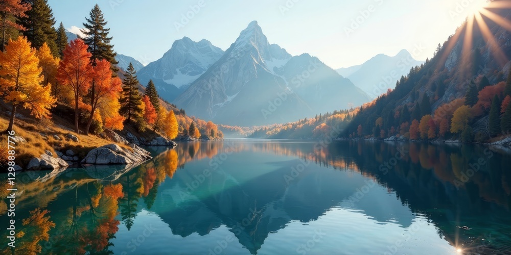 Obraz premium Autumnal Serenity A Mountain Lake Reflecting Golden Trees and Sunlit Peaks