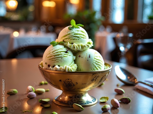 Pistachio and Honey Ice Cream: A Luxurious Blend of Creamy, Nutty Pistachios and Sweet, Smooth Honey, Creating a Unique Dessert That Perfectly Balances Richness and Subtle Sweetness in Every Bite photo