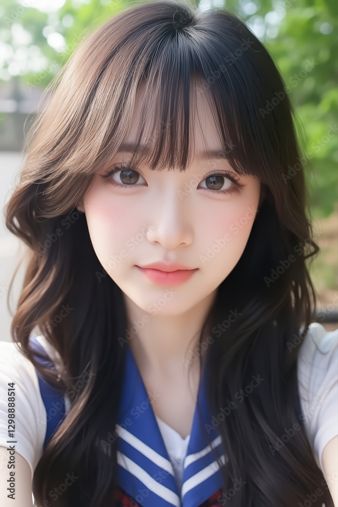 Young Asian Female Student in School Uniform - Selfie Photo of Young Woman outside on Sunny Day in City - Eastern Teenager in College Attire Suit or Sailor Formal Wear in Eastern Countries Young Asian Female Student in School Uniform - Selfie Photo of Young Woman outside on Sunny Day in City - Eastern Teenager in College Attire Suit or Sailor Formal Wear in Eastern Countries