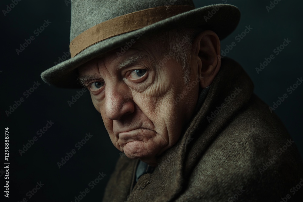 A stern elderly man gazes thoughtfully while wearing a hat, reflecting deep emotions. A stern elderly man gazes thoughtfully while wearing a hat, reflecting deep emotions.