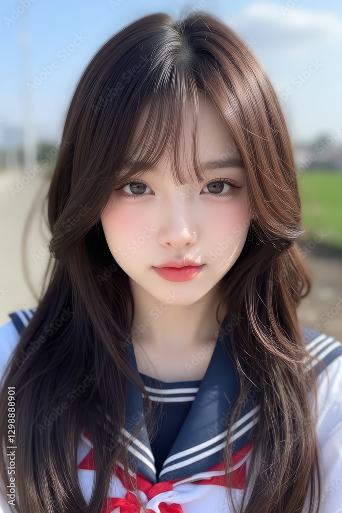 Young Asian Female Student in School Uniform - Selfie Photo of Young Woman outside on Sunny Day in City - Eastern Teenager in College Attire Suit or Sailor Formal Wear in Eastern Countries Young Asian Female Student in School Uniform - Selfie Photo of Young Woman outside on Sunny Day in City - Eastern Teenager in College Attire Suit or Sailor Formal Wear in Eastern Countries