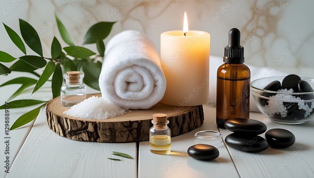 massage stones, essential oils and sea salt on wooden pedestal. beauty items spa concept, copy space