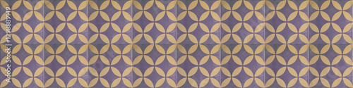 Old purple yellow vintage retro shabby motif tiles stone concrete cement wall texture with circle circular print, tile background banner panorama, seamless pattern.