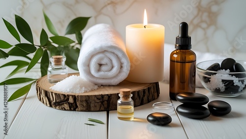 Obraz na płótnie massage stones, essential oils and sea salt on wooden pedestal. beauty items spa concept, copy space w salonie