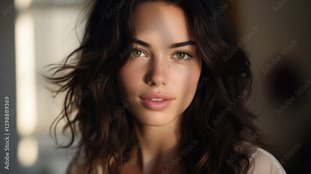 Captivating portrait showcasing a woman's subtle features and warm gaze Captivating portrait showcasing a woman's subtle features and warm gaze