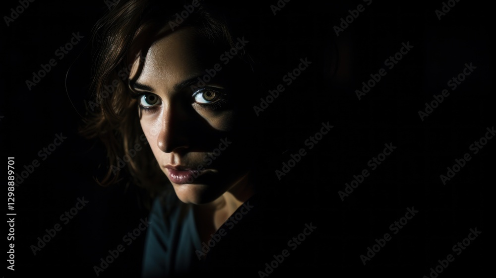 Intense gaze of a woman emerging from the darkness revealing mystery Intense gaze of a woman emerging from the darkness revealing mystery