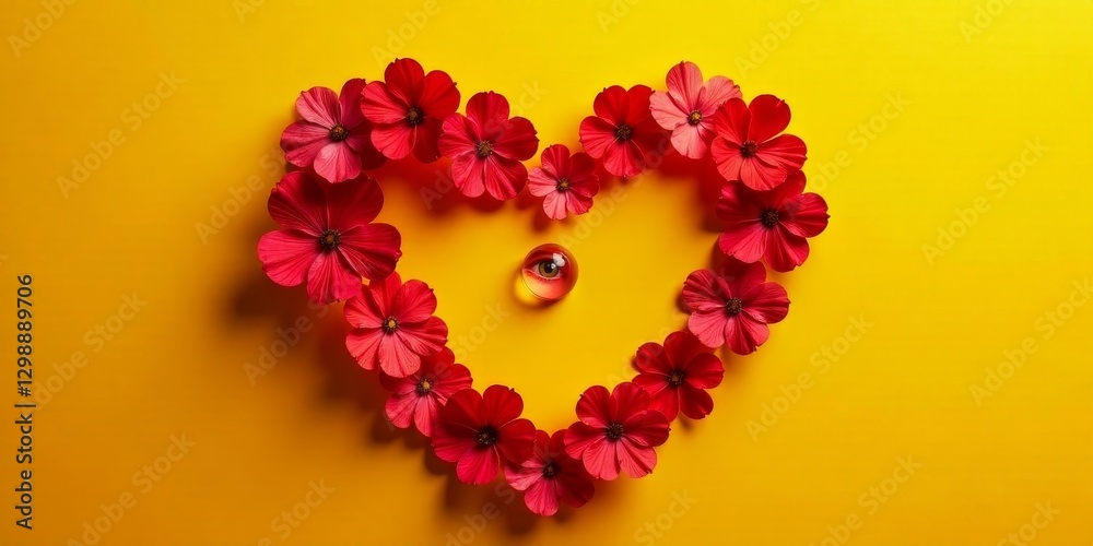 Obraz premium A vibrant heart-shaped arrangement of crimson blossoms encircles a captivating glass orb, subtly revealing an eye within; a symbolic image of love and observation.