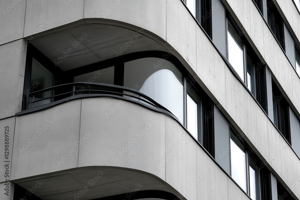 Fototapeta premium The elegant curve of a balcony on a modern building accentuates its architectural design, offering a unique perspective on urban living and contemporary lifestyle.