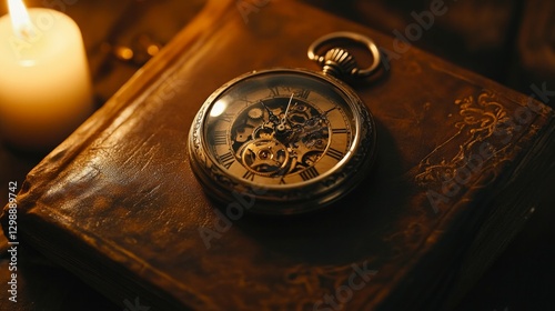 A close-up shot of a steampunk-inspired pocket watch with exposed gears and a glass cover, AI Generative.