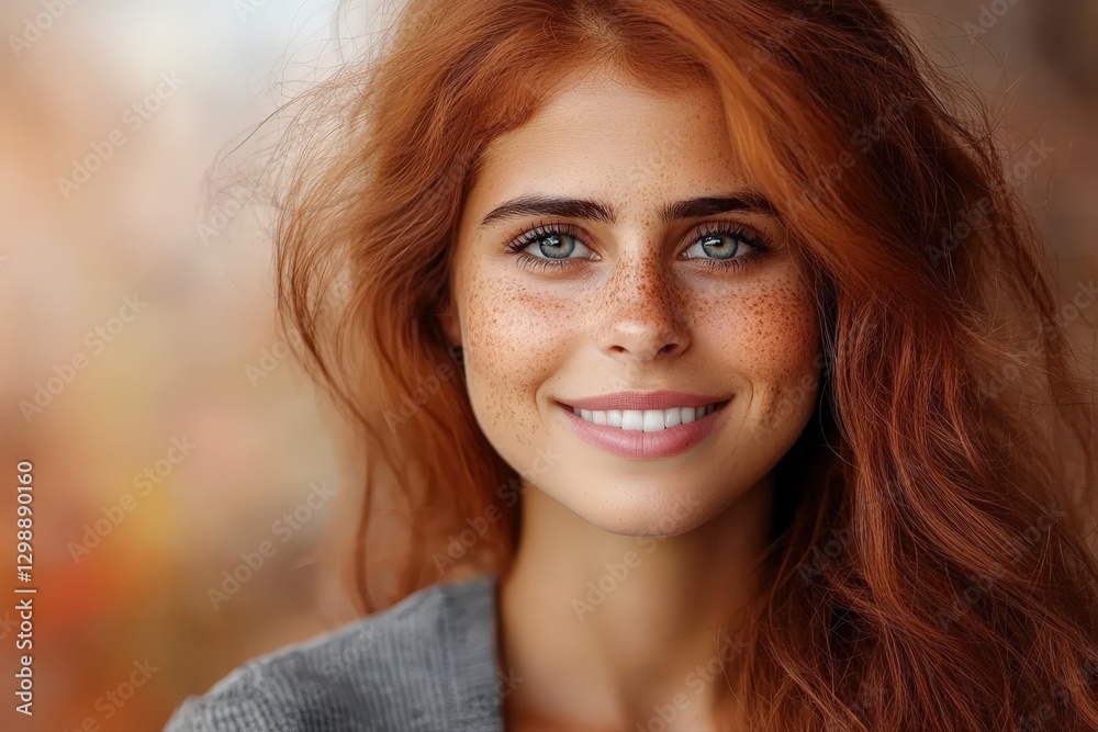Radiant Red-Haired Woman with Freckles and Blue Eyes Enjoys Autumn—Casual Portrait in Natural Light