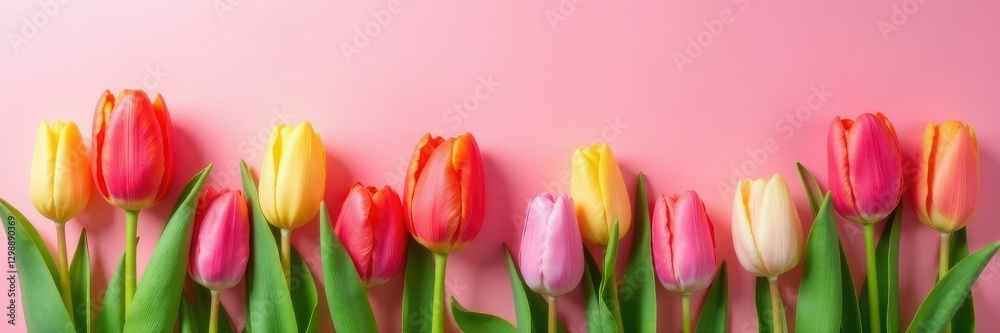 Obraz premium Colorful tulips and green foliage against a warm pastel pink backdrop with springtime vibes, flower arrangement, blossoms, spring
