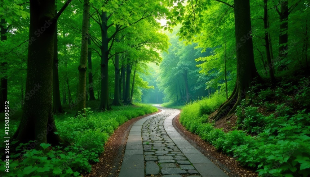 Fototapeta premium Lush green forest surrounds winding stone road, trees, foliage, stone path