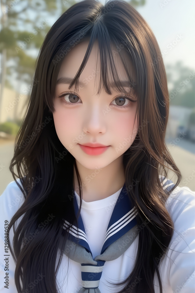 Young Asian Female Student in School Uniform - Selfie Photo of Young Woman outside on Sunny Day in City - Eastern Teenager in College Attire Suit or Sailor Formal Wear in Eastern Countries Young Asian Female Student in School Uniform - Selfie Photo of Young Woman outside on Sunny Day in City - Eastern Teenager in College Attire Suit or Sailor Formal Wear in Eastern Countries