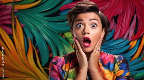 Unexpected news, Woman with vivid floral shirt expresses shock sincerely