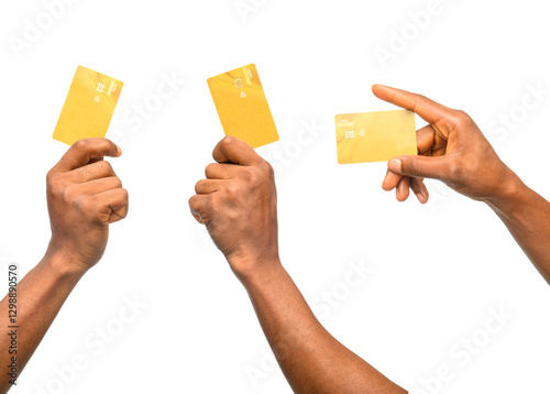 Three hands holding gold-colored debit cards against a black background. Two hands grip the cards firmly, while one holds it delicately. The image emphasizes finance, transactions, and modern banking.