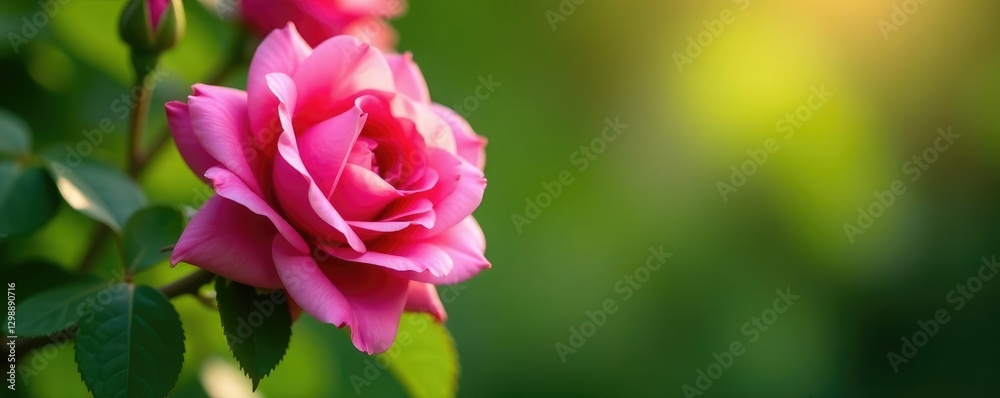 Obraz premium Pink rose flower details on a leafy branch with sunlight filtering through, shade, filter
