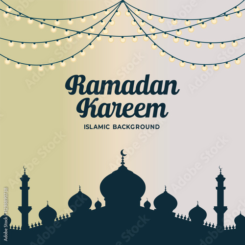 Ramadan Kareem Islamic Background with Mosque Silhouette and Festive Lights