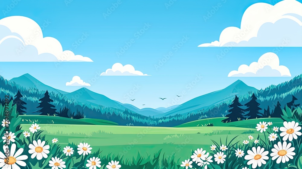 Fototapeta premium A serene landscape featuring rolling hills, vibrant green grass, blooming daisies, and a clear blue sky with fluffy clouds.