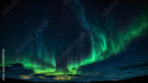 Stunning Northern Lights Over Mountain Landscape – Aurora Borealis, Night Sky, Natural Phenomenon, Green Light Waves, Starry Sky, Arctic Beauty, Celestial Glow, Scenic View, Nature Wonder, Wilderness