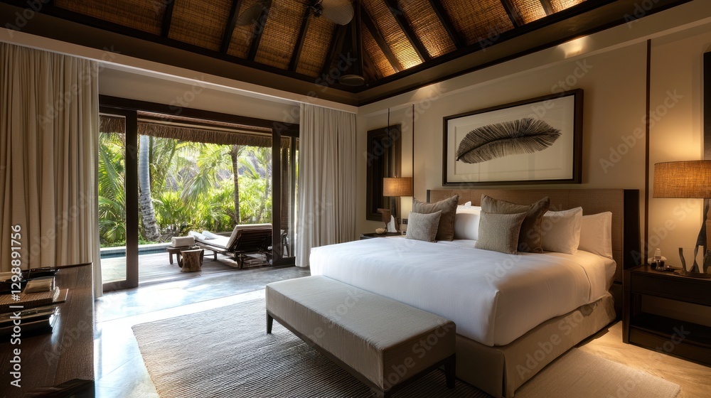 Luxurious bedroom with tropical view, private pool, and modern interior design