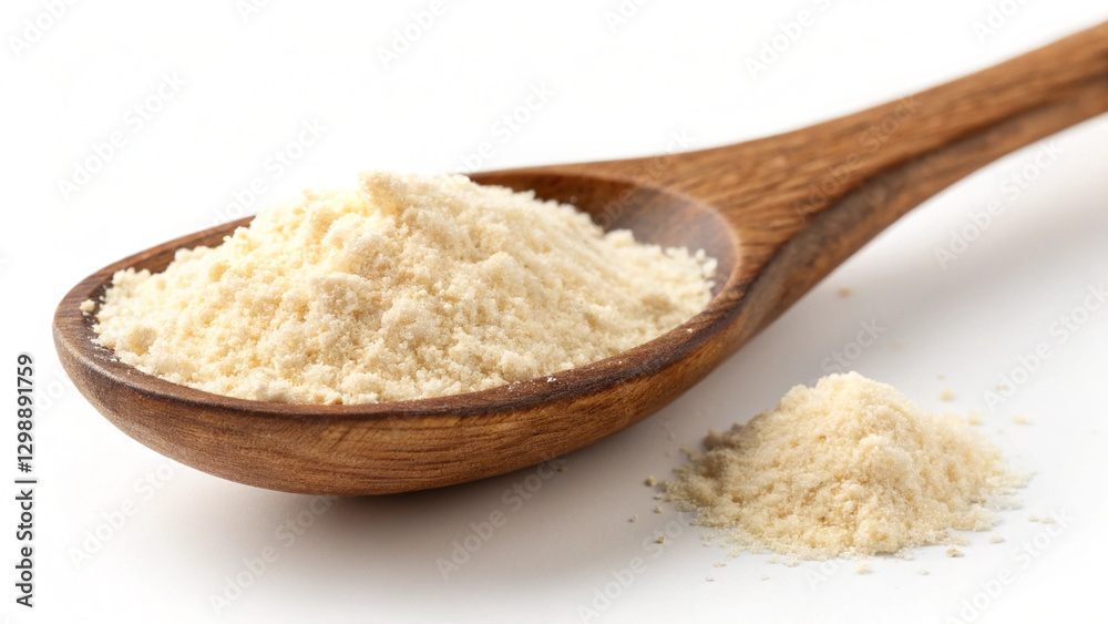 Ground fine powder on a wooden spoon, symbolizing cooking, nutrition, and baking essentials in food-related content Ground fine powder on a wooden spoon, symbolizing cooking, nutrition, and baking essentials in food-related content