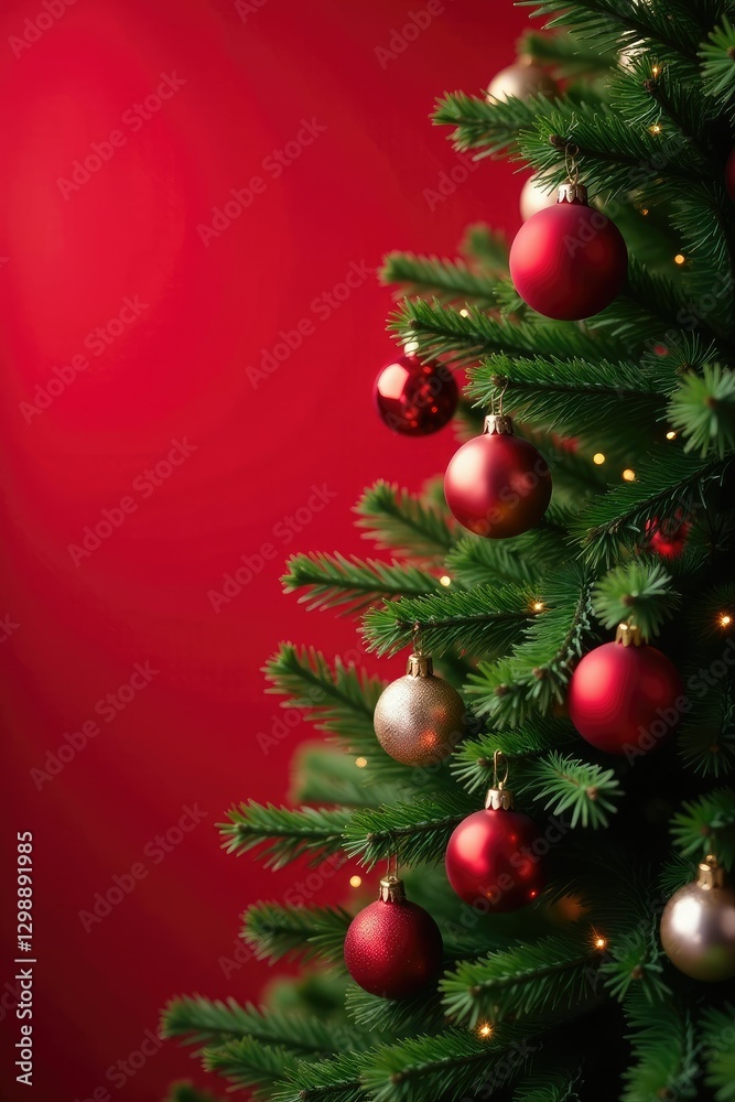 Evergreen Christmas tree with ornaments on red background and soft light, mistletoe, snowflakes, Christmas decorations Evergreen Christmas tree with ornaments on red background and soft light, mistletoe, snowflakes, Christmas decorations