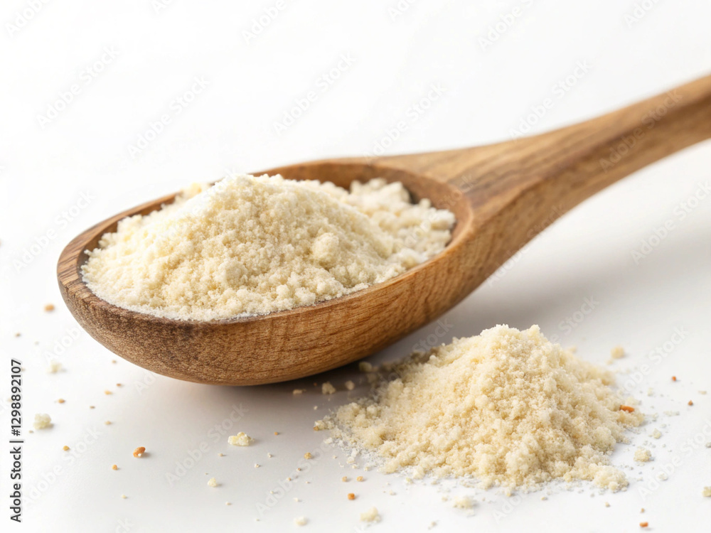 A rustic wooden spoon with finely ground powder, perfect for illustrating health, nutrition, and baking essentials A rustic wooden spoon with finely ground powder, perfect for illustrating health, nutrition, and baking essentials