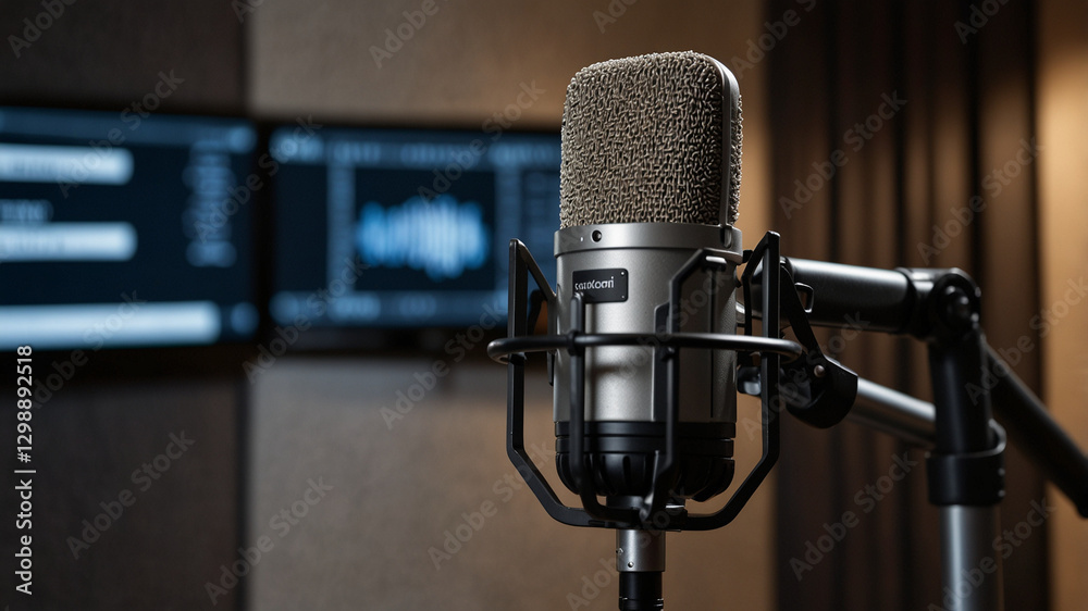 Professional Studio Microphone – Podcast, Voice Recording, Broadcast, Music Production, and Audio Equipment in a Soundproof Studio with Warm Lighting – Podcasting, Radio, and Vocal Performance Concept Professional Studio Microphone – Podcast, Voice Recording, Broadcast, Music Production, and Audio Equipment in a Soundproof Studio with Warm Lighting – Podcasting, Radio, and Vocal Performance Concept