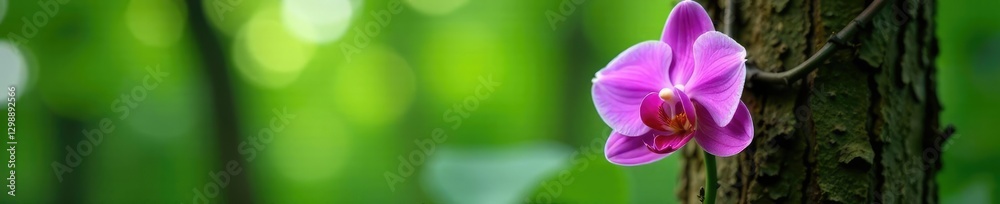 Single pink orchid unfurls its petals on a forest tree, tree, foliage, natural