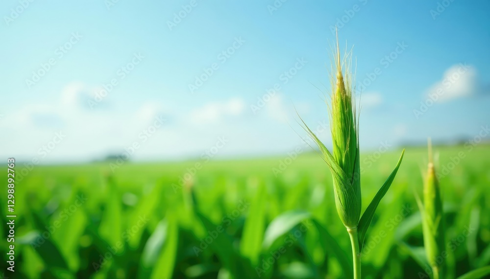 Obraz premium Tall corn plant stem against a vast field of crops, sky, green, agriculture