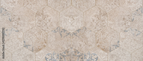 Old gray brown worn vintage shabby damask patchwork hexagonal hexagon motif tiles tile mosaic stone concrete cement wall texture background banner