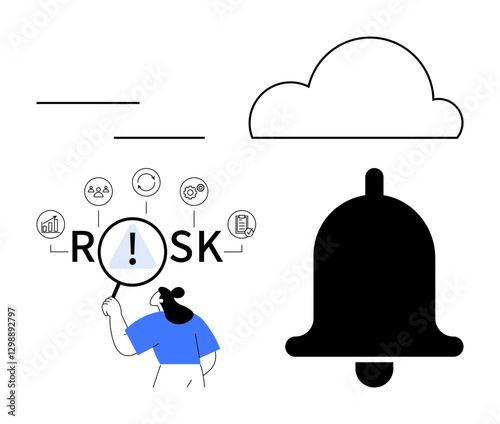 Person analyzing risk using magnifying glass surrounded by data icons, cloud symbol, and alert bell. Ideal for risk management, cybersecurity, notifications, data insights, problem-solving