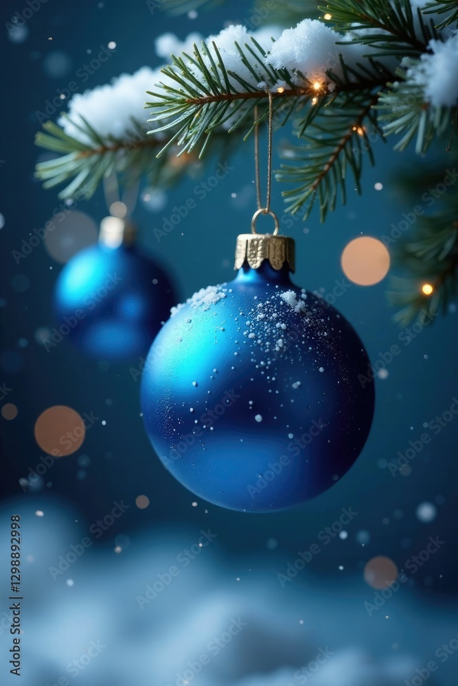 Hanging blue Christmas ornaments from a branch, blue christmas, winter, holiday decor Hanging blue Christmas ornaments from a branch, blue christmas, winter, holiday decor