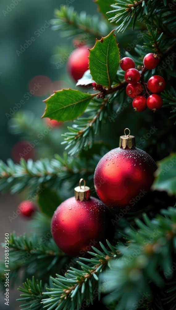 Fototapeta premium Holly berries and red ornaments nestled among winter greenery, winter, decoration