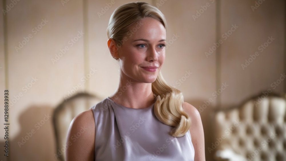 Elegant blonde woman in a formal gown smiling
Elegant blonde woman in a formal gown smiling