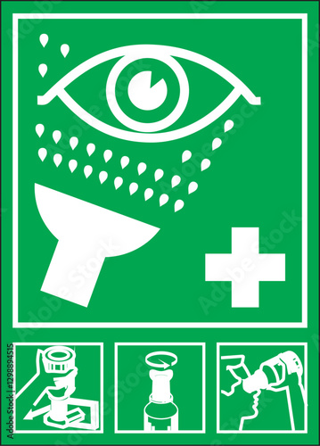 green instructional sign featuring an eye wash station symbol, water droplets, and a first aid cross, emergency eye rinsing procedures for workplace safety