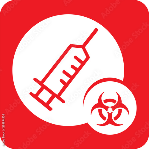 red square icon,  red syringe, biohazard symbol 