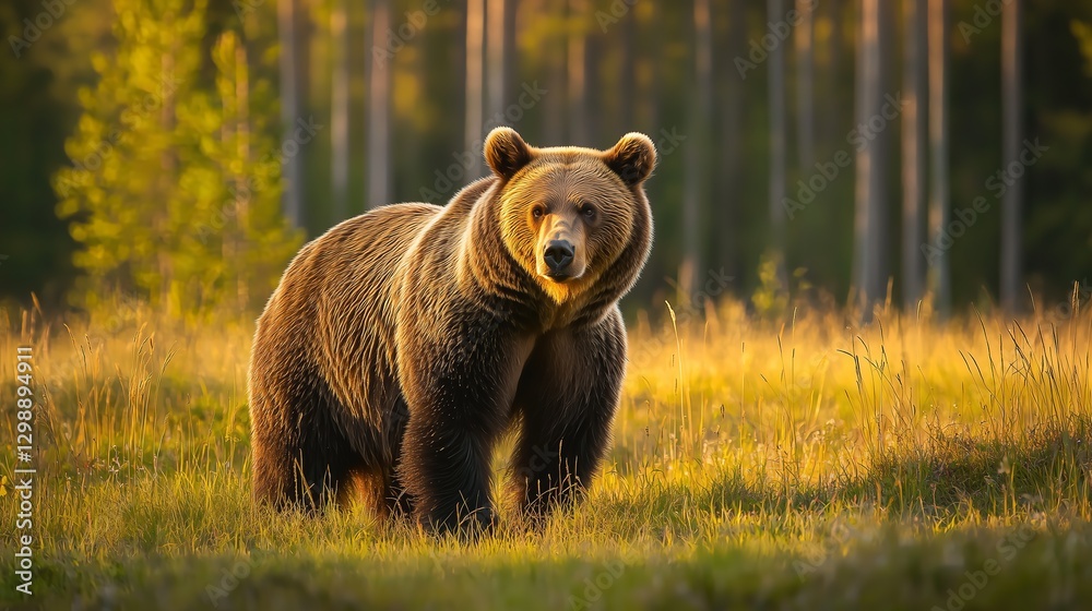 Fototapeta premium Magnificent Brown Bear Standing in a Sunlit Meadow, Forest in the Background