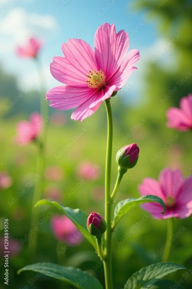 Pink Mallow flowers bloom on a green stem in the garden, floral, botanical, meadow Pink Mallow flowers bloom on a green stem in the garden, floral, botanical, meadow