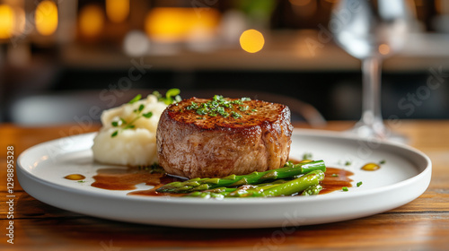 Filet mignon with asparagus and mashed potatoes on plate
